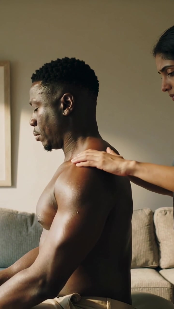 Video verticale: Una donna in gilet che posa le mani e strofina la spalla di un uomo a torso nudo sul divano.
