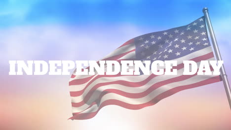 animation of independence day text and flag of america waving against cloudy sky