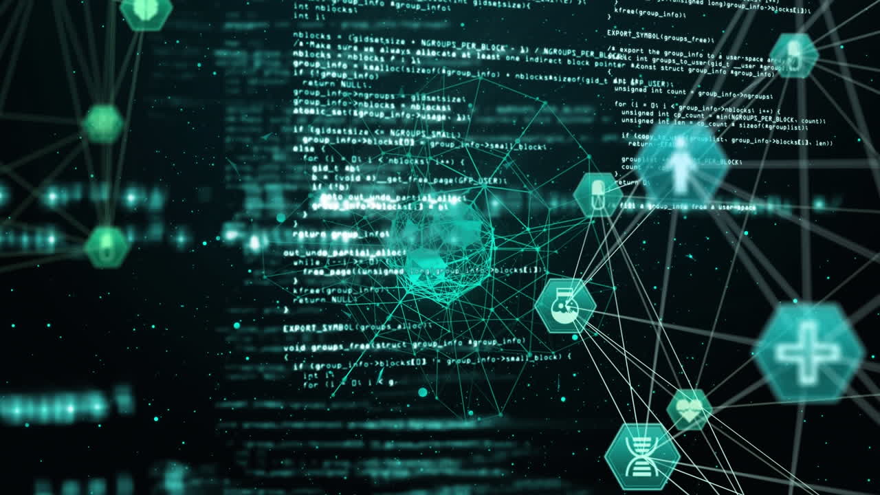 animación de la interfaz con información y red de iconos conectados en verde y blanco en negro