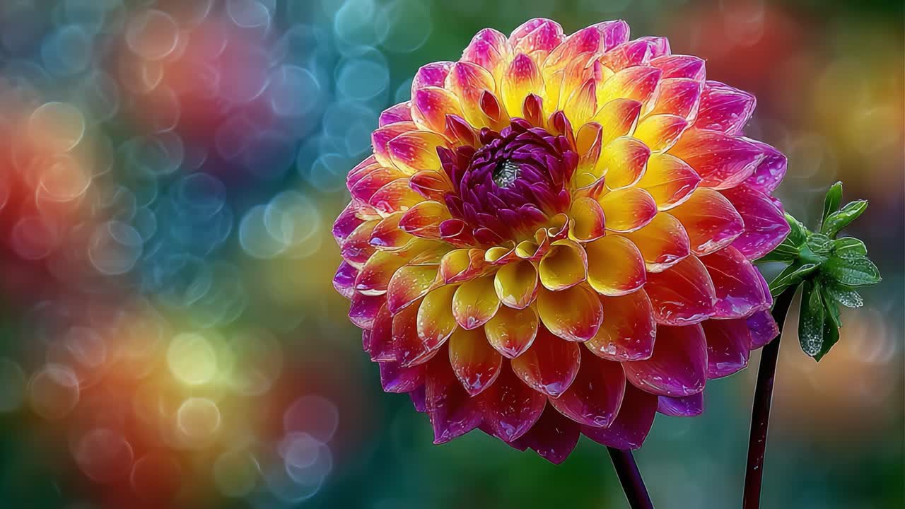 A Glorious Close-Up View of a Vibrant Dahlia Flower with Stunning Yellow and Pink Petals Drenched in Dew against an Iridescent Blurred Background