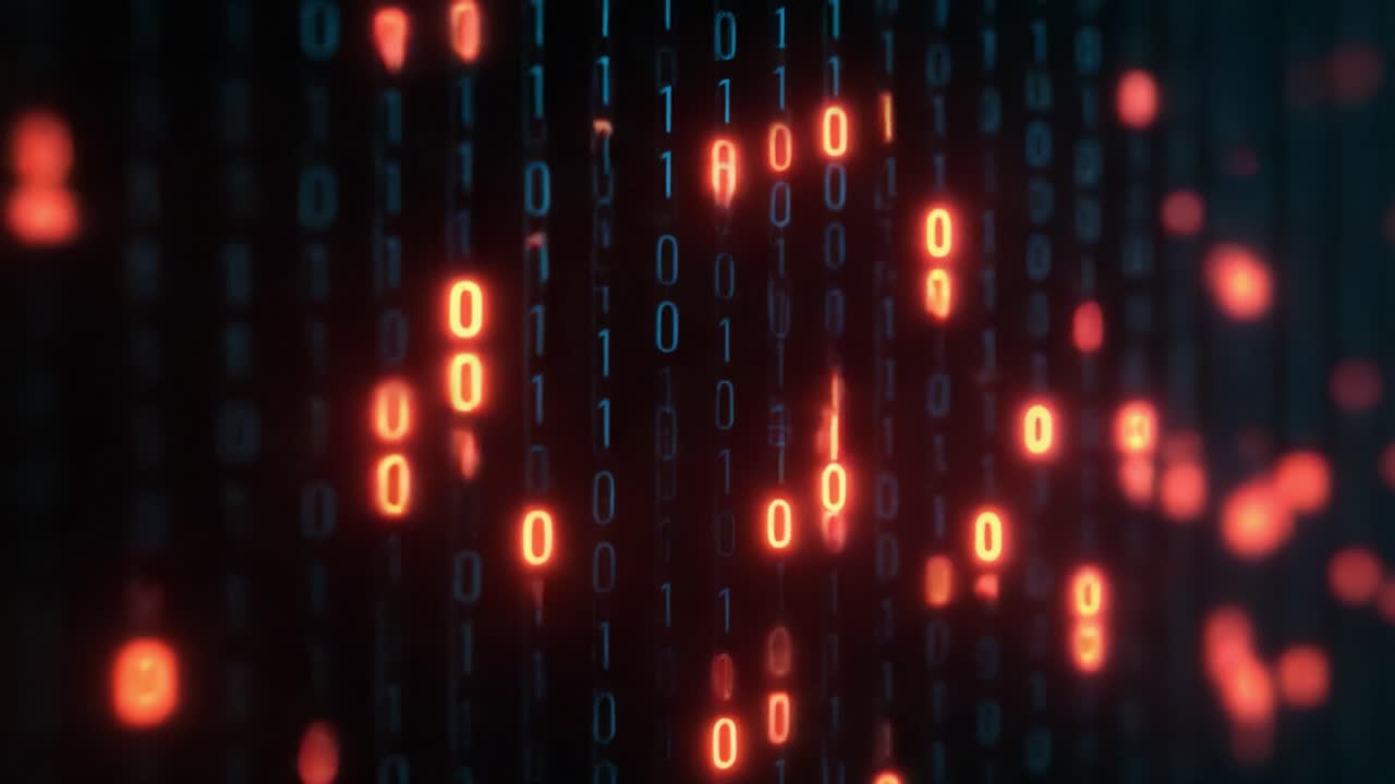 Glowing red binary numbers indicating errors or alerts moving through a grid of blue digital data, symbolizing cybersecurity threats, system failures, or corrupted information within a network