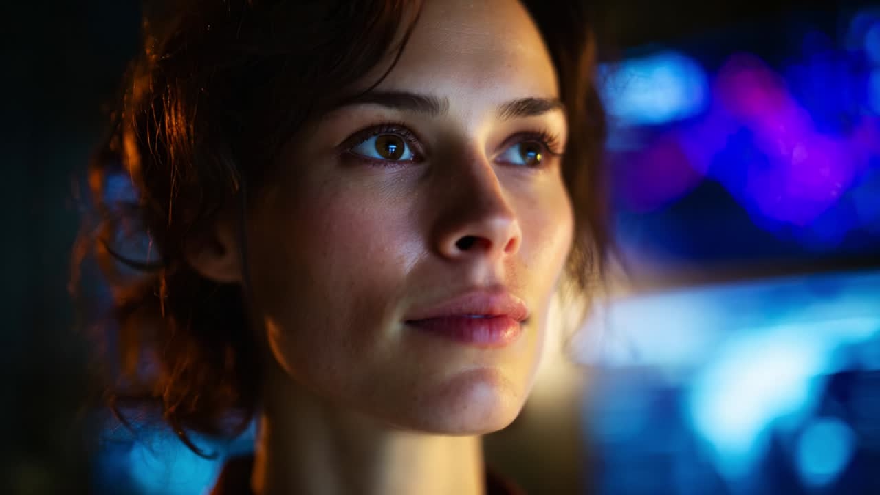 A focused expression of determination and insight on a modern woman's face, capturing her introspection amidst a backdrop of dynamic colors, evoking a sense of technology and innovation in the air