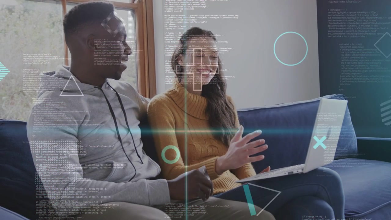 Man raising card while woman typing on laptop on sofa, animated finance HUD showing payment flow