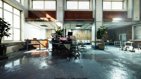 sala de espera abandonada del hospital con equipo médico