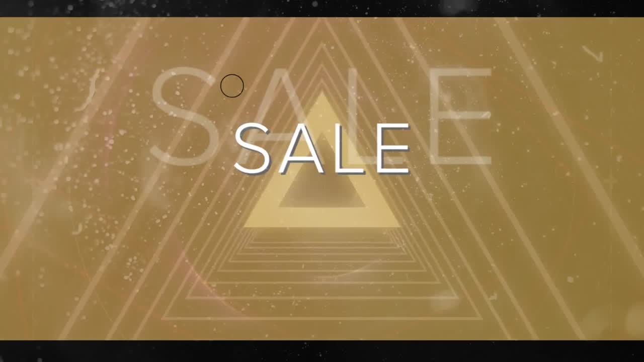 검은색 배경에 눈이 내리는 것에 대한 루프 서클과 삼각형 위의 판매 텍스트의 애니메이션