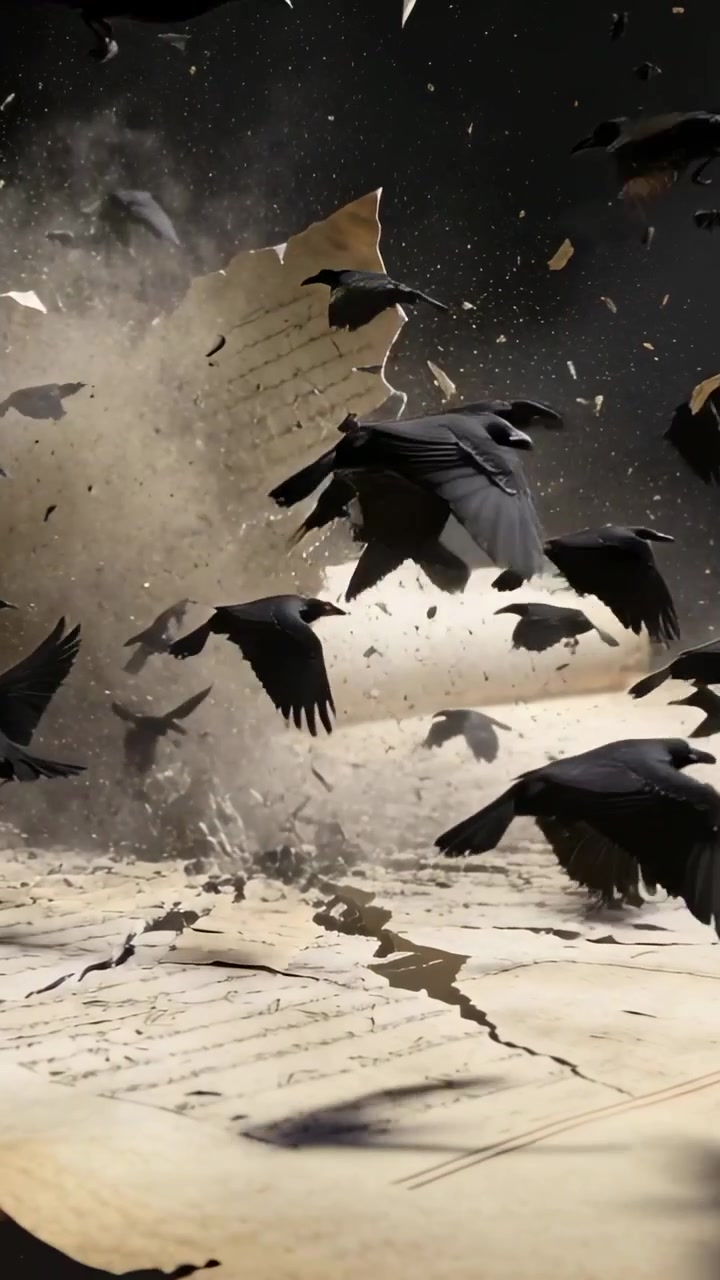 Vertical video: Lifting written paper, gust sending flock of black crows flying close with dust