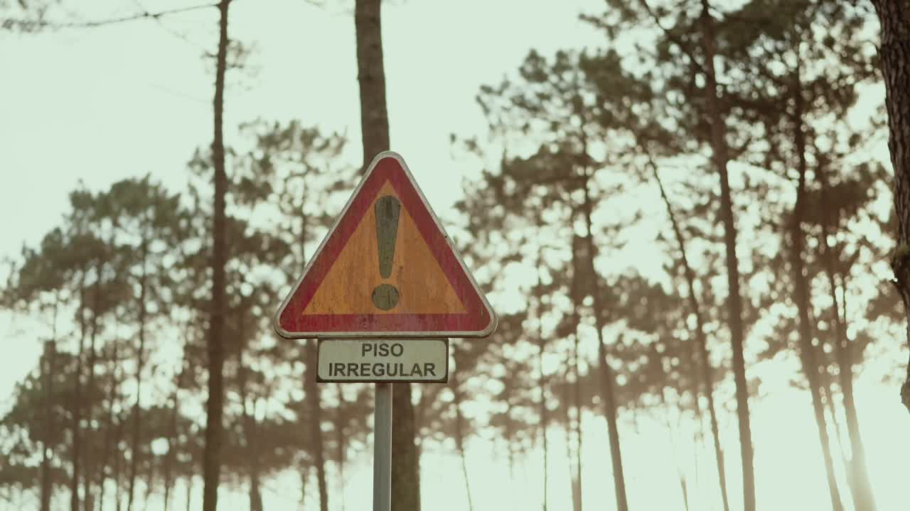 Triangular warning road sign indicating uneven surface standing beside pine trees in forest with sunlight