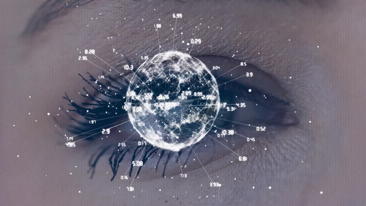 Occhio femminile che si contrae, avviando un globo tecnologico rotante che visualizza dati analitici con barre di disturbo.