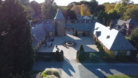 Muze-at-in-Winston-Salem,-NC-aerial-at-sun-set-off-Reynolda-Road