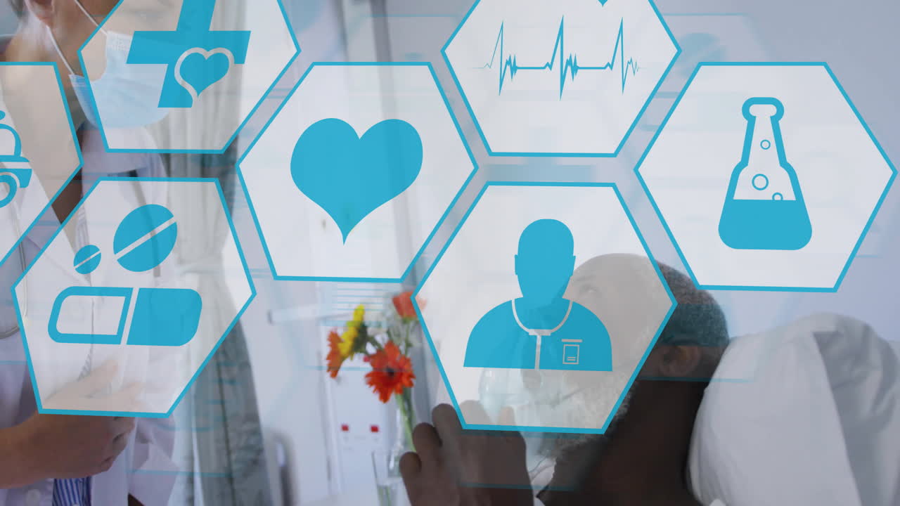 Animation of medical icons over caucasian female doctor talking with patient on hospital bed