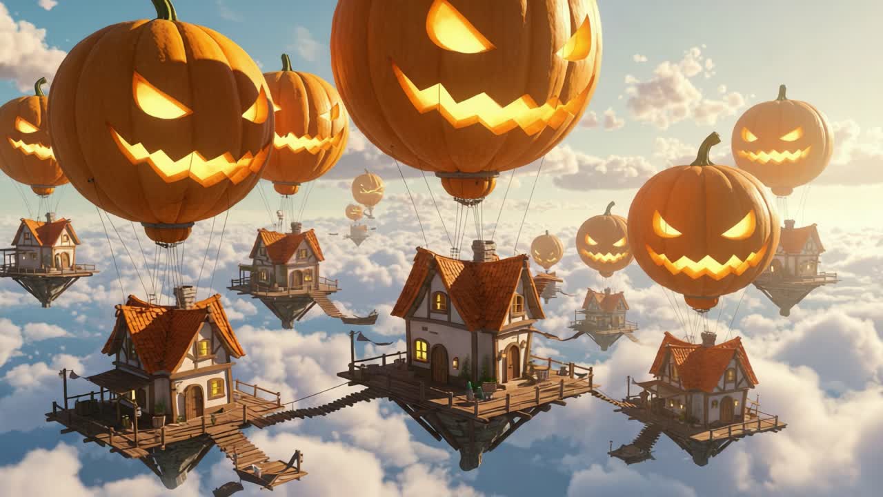 Una stravagante scena aerea di case fluttuanti con mongolfiere jack-o'-lantern che illuminano il cielo nuvoloso in una magica fantasia di Halloween.