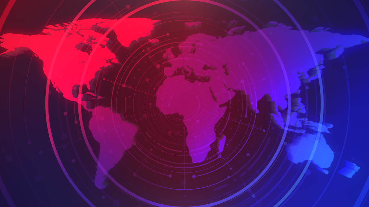 mapa global con patrón hud de círculos en estudio de noticias
