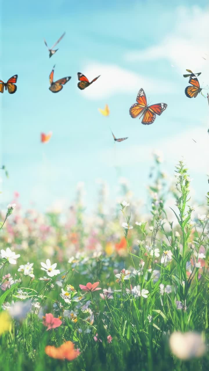 Low-angle video concept of a serene meadow with colorful wildflowers and butterflies against a clear