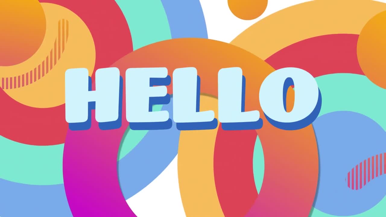 Animation of hello text over abstract shapes background