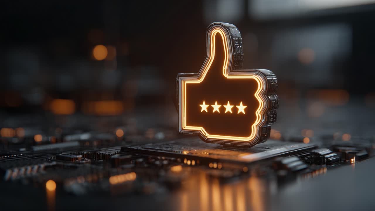 A glowing thumbs-up icon adorned with five stars, symbolizes excellence and satisfaction, set against a dark, tech-inspired backdrop featuring intricate circuits and glowing elements