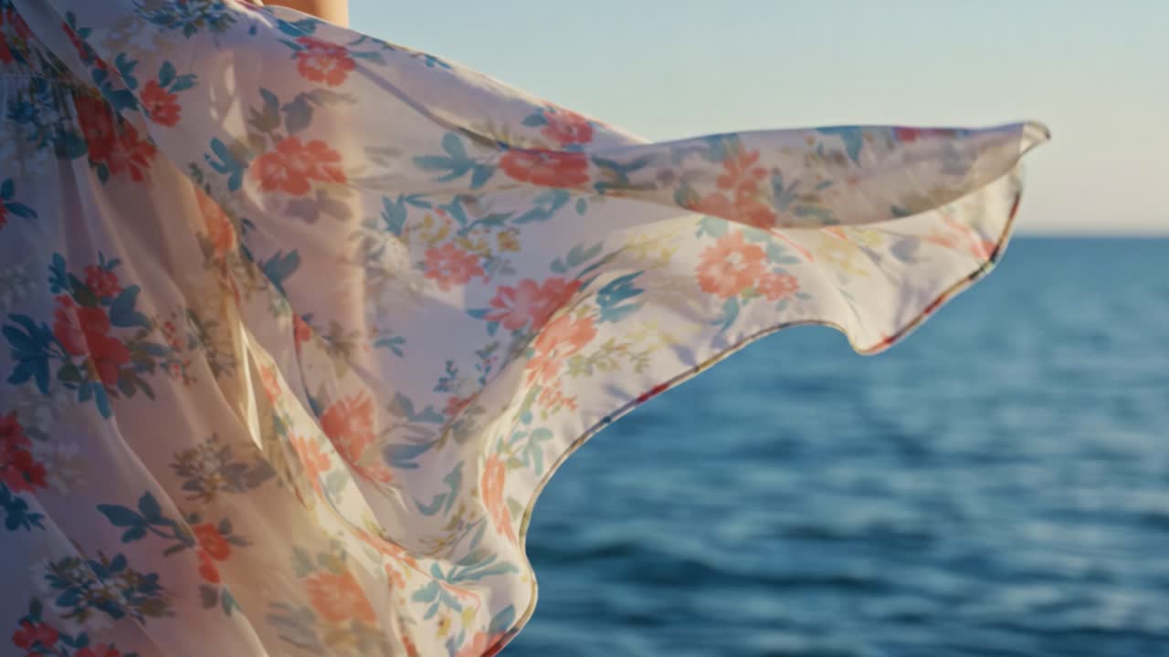 A Serene Moment by the Water: Flowing Floral Fabric Dancing in the Breeze Against a Calm Ocean Backdrop, Capturing Nature's Beauty and Tranquility