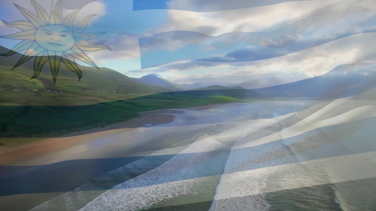 animación de la bandera de uruguay ondeando sobre la playa soleada y el mar