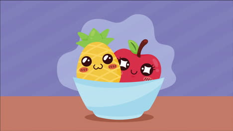 pineapple and apple in bowl kawaii animation