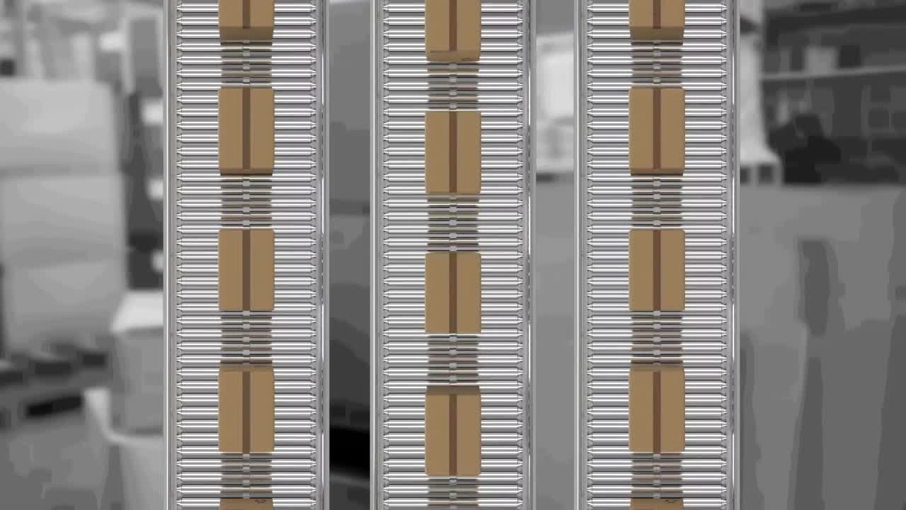 animación de cajas de cartón que se mueven en cintas transportadoras sobre el almacén