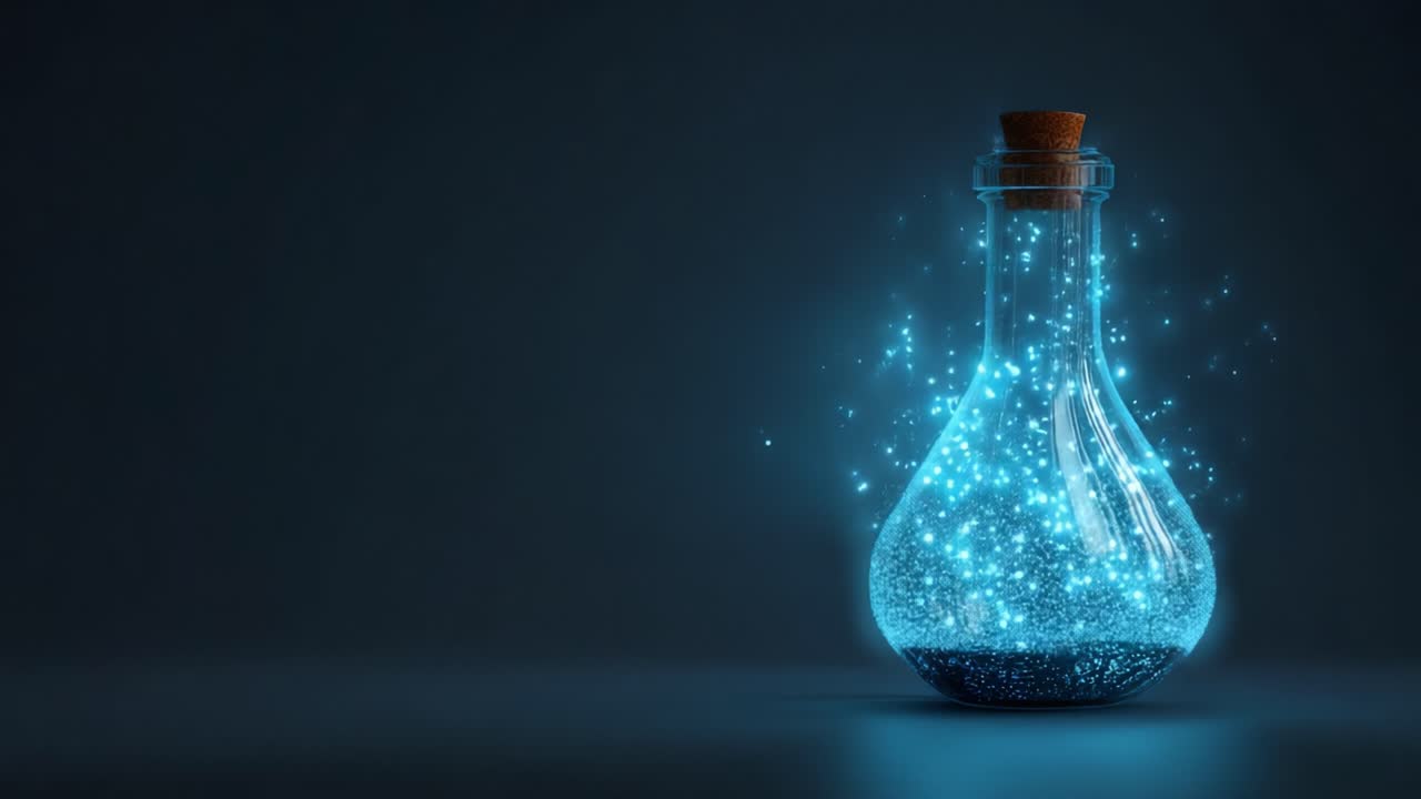 A captivating magical potion glows inside a glass flask, emitting vibrant blue sparkles and enchanting light particles, creating an intriguing atmosphere in a dark setting