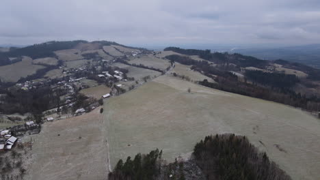 Ein-Flug-über-Die-Landschaft-Mit-Einem-Pfad,-Der-Durch-Die-Bäume-Führt,-Und-Einem-Blick-Auf-Die-Umgebung-Während-Des-Beginnenden-Schneefalls