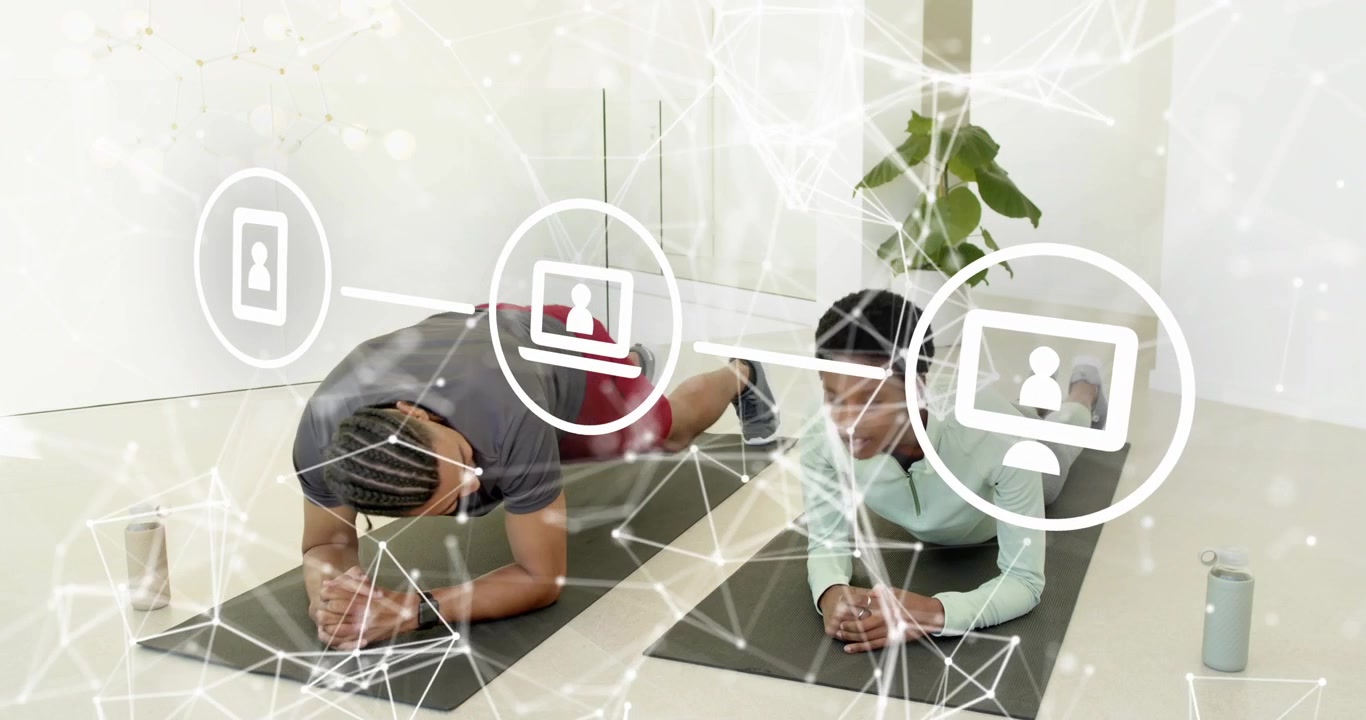 workout partners planking and lifting legs upon network icons showing for virtual fitness coaching