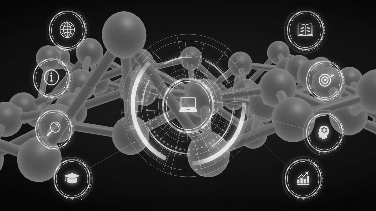 검은색 배경에 연결된 원 위의 원에서 응용 프로그램 아이콘의 애니메이션