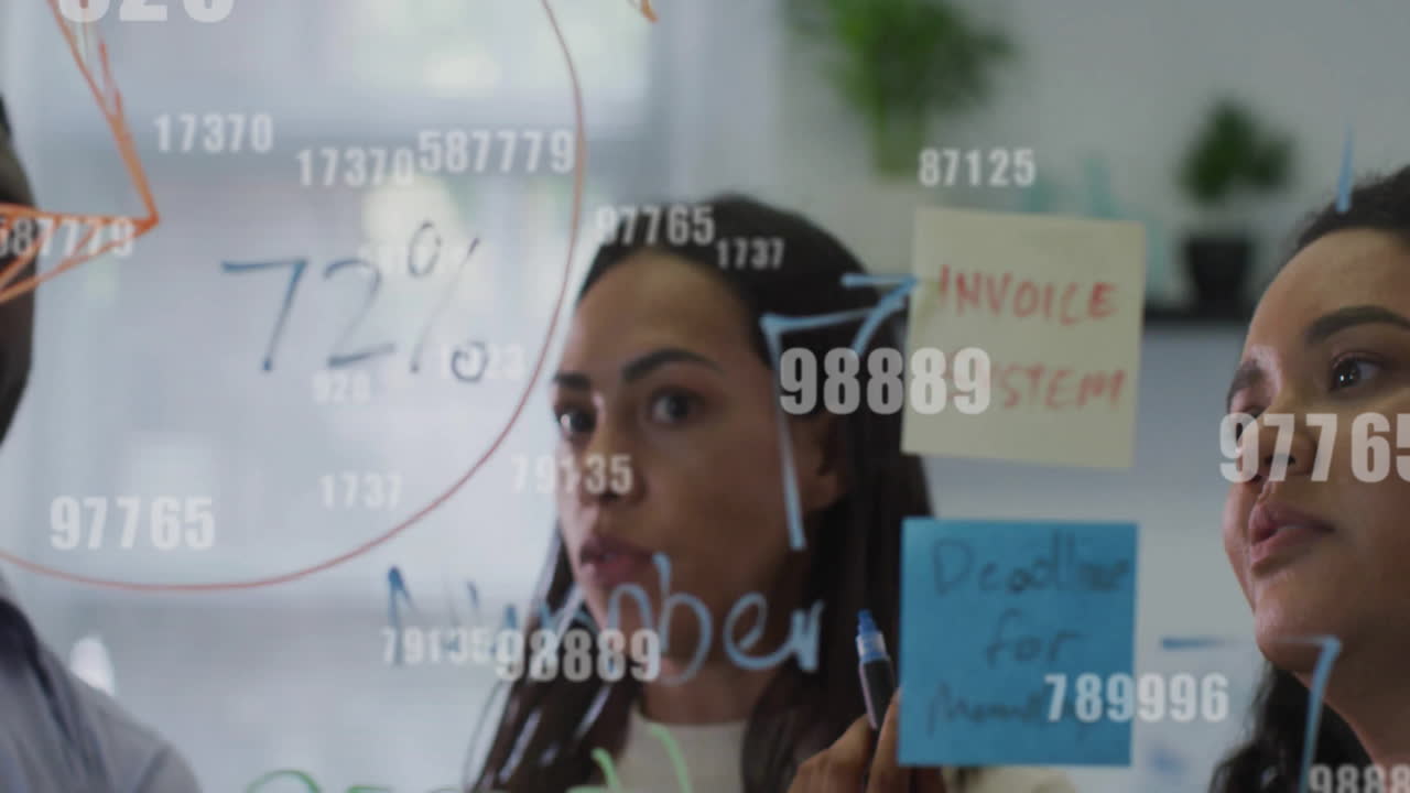 Animation of data processing over diverse business people in office