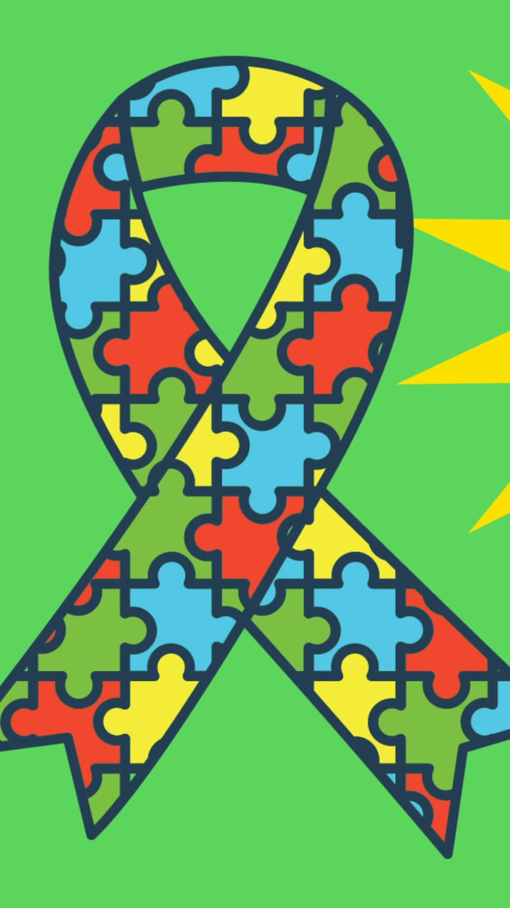 Animazione di un nastro formato da puzzle per la consapevolezza dell'autismo su nuvole e sole in un cielo verde