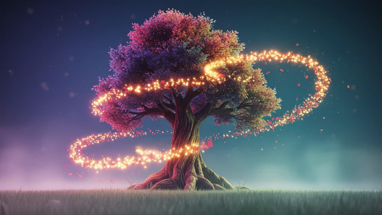 A Magical Tree Surrounded by Enchanting Swirls of Light Under a Mystical Sky, Creating a Dreamlike Atmosphere in a Fantasy Landscape