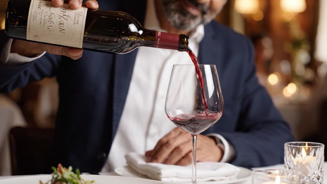 Un'esperienza culinaria raffinata: versando elegantemente vino rosso in un calice di cristallo mentre si gusta una cucina gourmet in un'accogliente atmosfera da ristorante