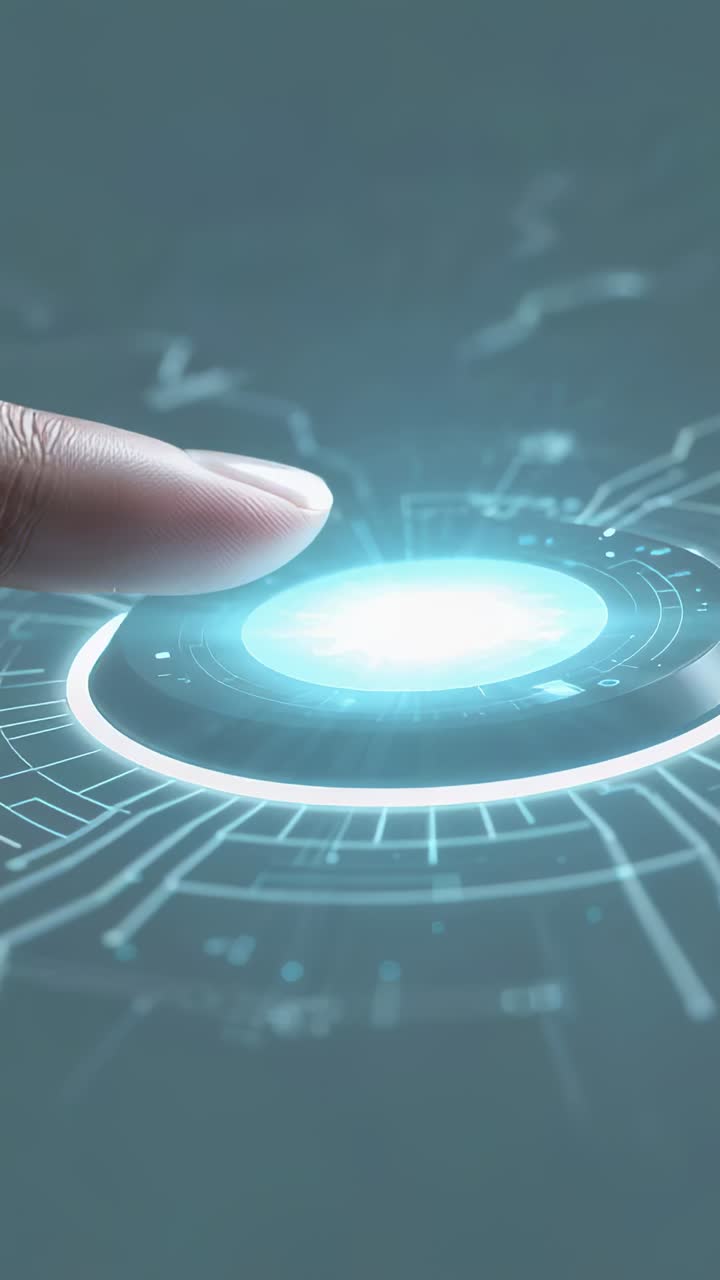 Vertical video: Touching fingertip activating holo UI projecting beam to enable control in teal lab