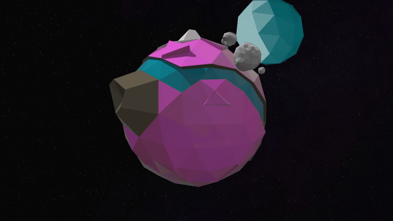외계 행성 개념: 외계 공간에서 회전하는 이상한 생생한 분홍색 행성과 그 위성의 3d 로우 폴리 애니메이션.