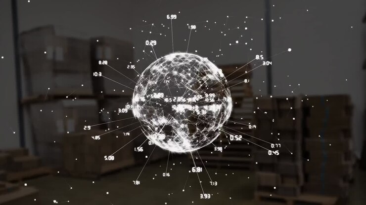 Animation of network of connections with globe over warehouse