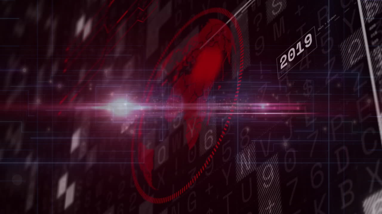 Digital globe and binary code with 2019 text in futuristic animation