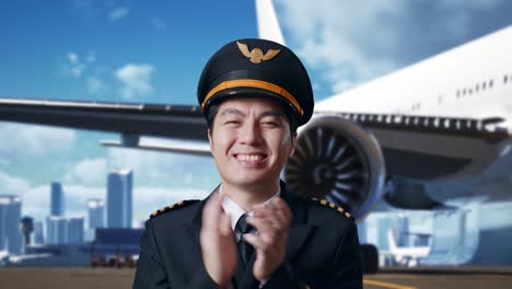 close up of asian man pilot smiling and clapping his hands while standing in airfield with airplane on background