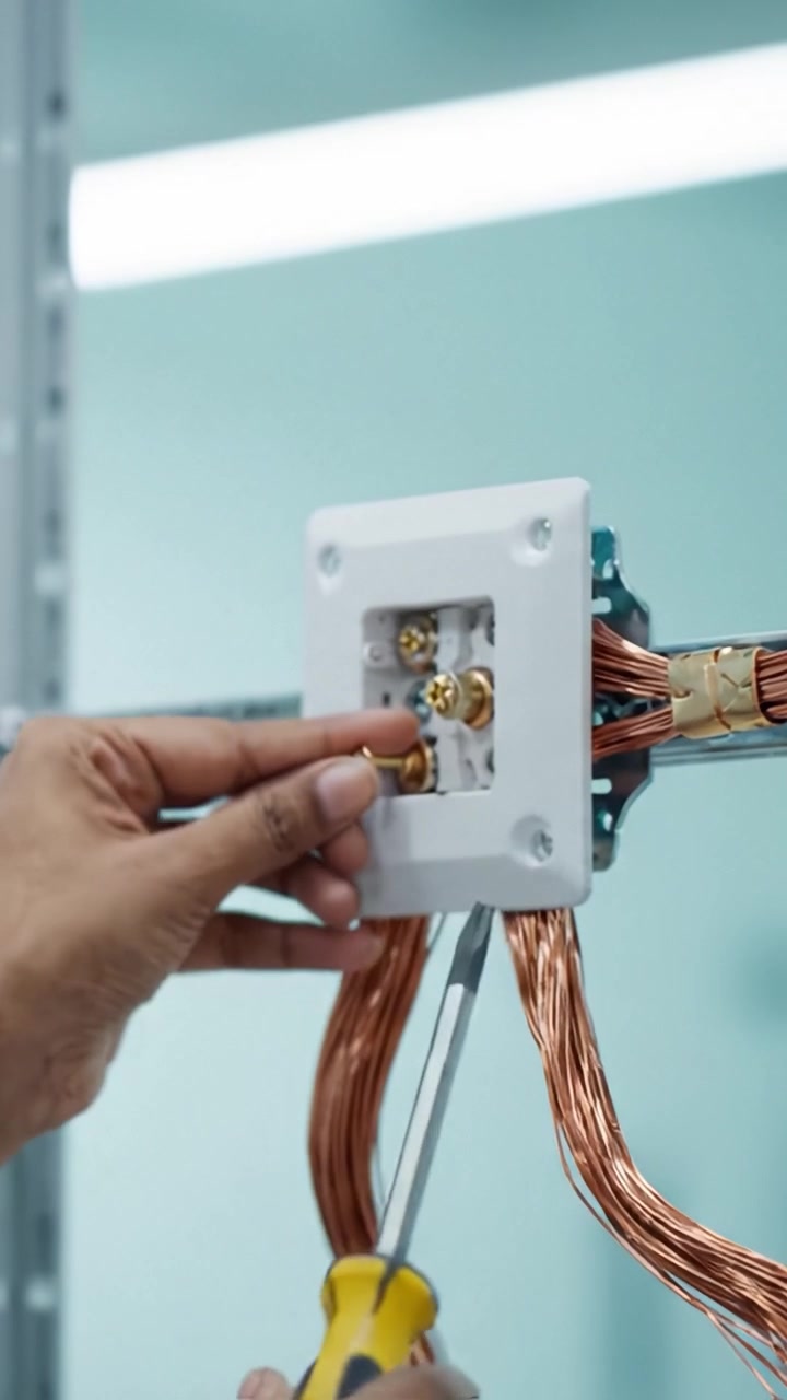 Hands Engaged in Electrical Connection Work, Adjusting and Installing Wiring Outlets with Tools in an Industrial Setting, Focused on Precision and Safety