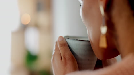 coffee, relax and morning with a woman closeup