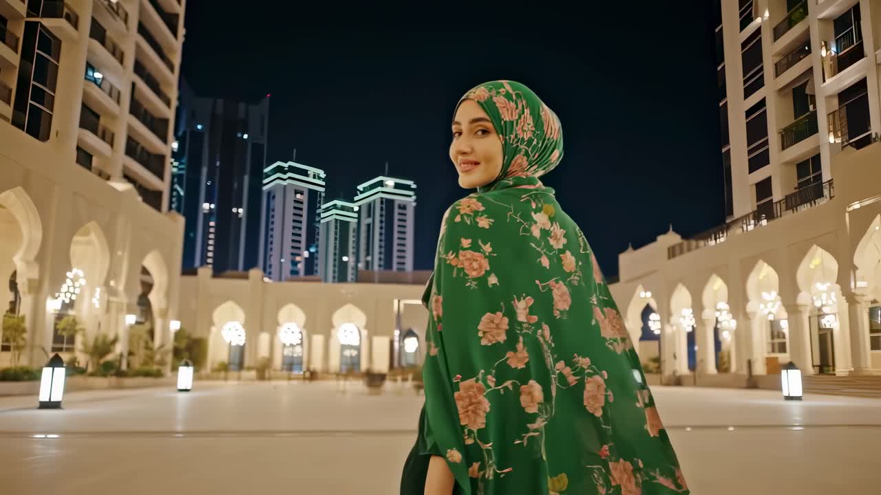 Muslim woman wearing a stylish green hijab and floral patterned abaya gracefully strolls through a beautifully illuminated city square at night. Exuding confidence and embracing her cultural identity