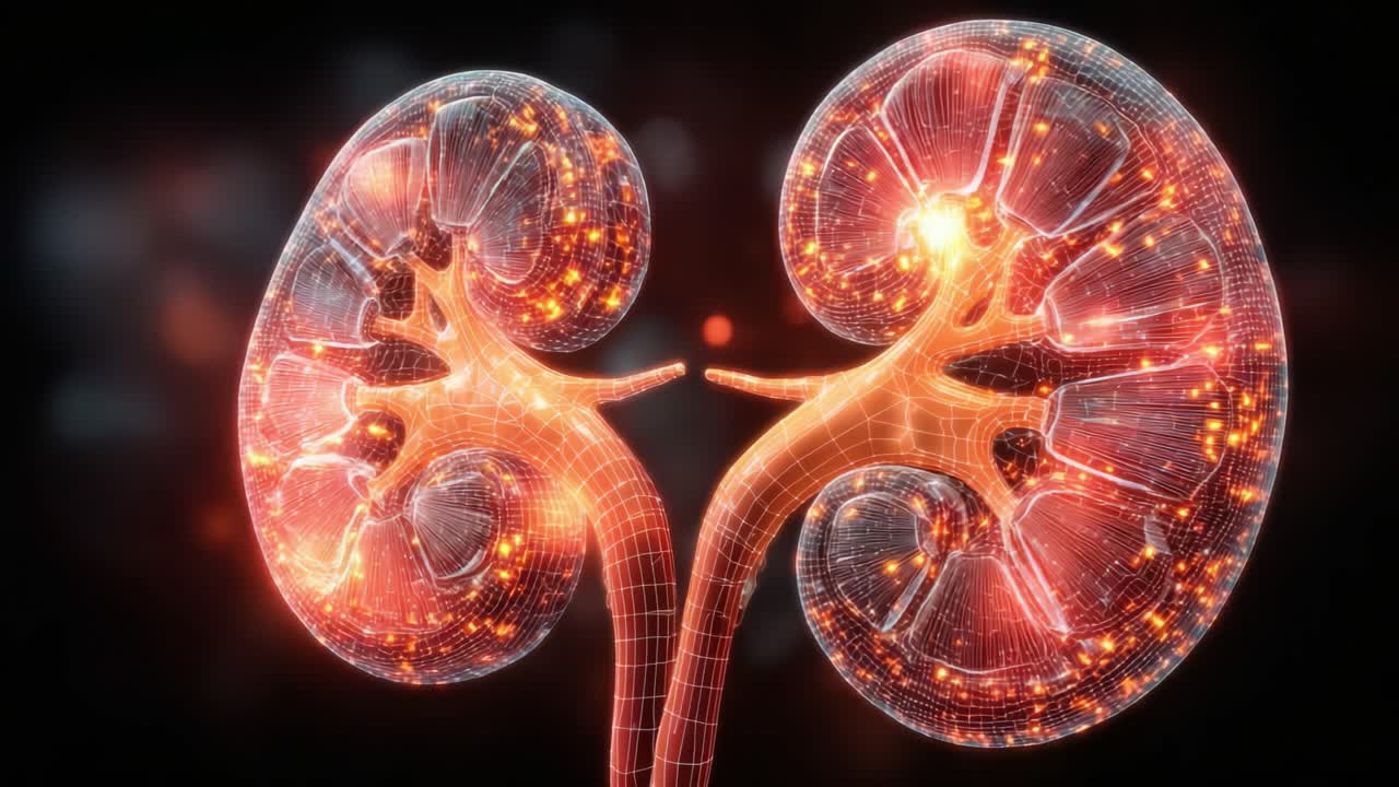 人間の腎臓の複雑な可視化：抽象芸術スタイルで、人体解剖学と機能におけるその重要な役割を示す腎臓構造の詳細な観察