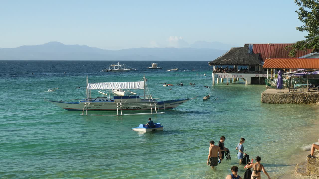 A Famous Tourist Destination Of Panagsama Beach In Moalboal, Cebu Island, Philippines. Static Shot