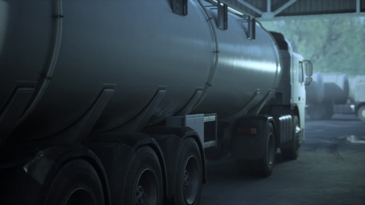 공장 에 있는 큰  ⁇ 색 저수지 트럭