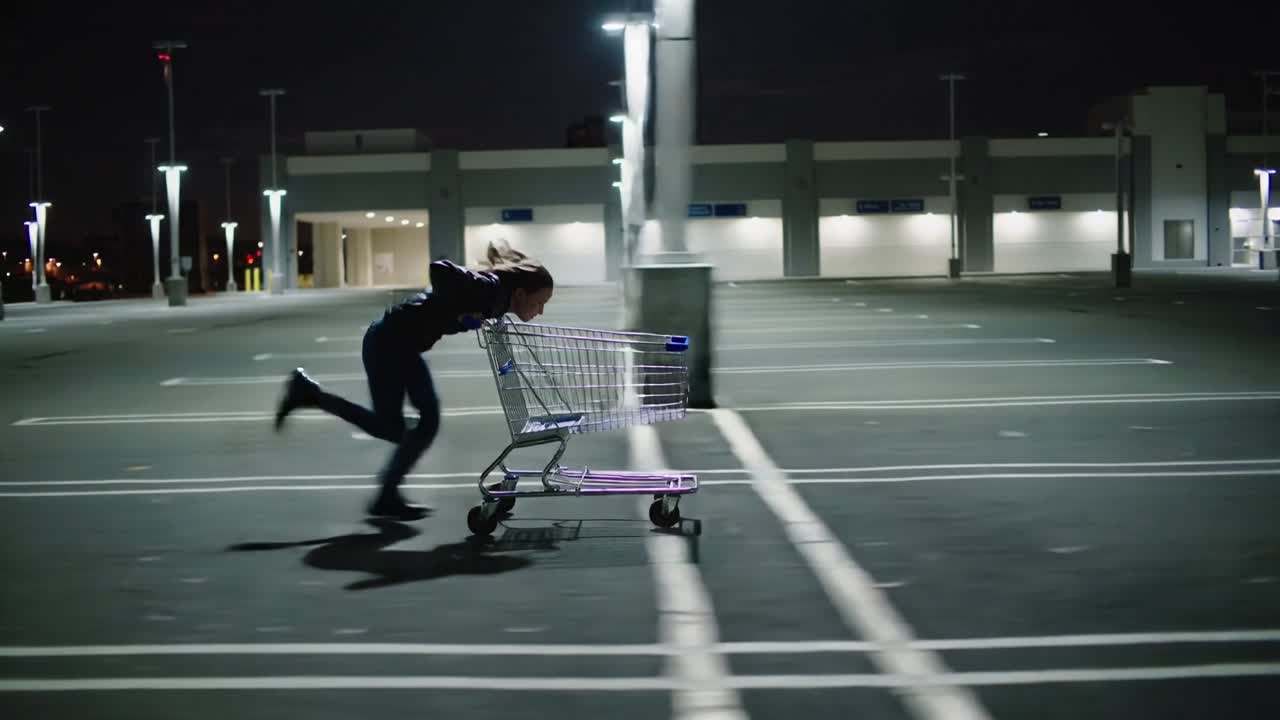 Striding, woman wearing dark hoodie pushing metal cart across parking lot at night, gaining speed