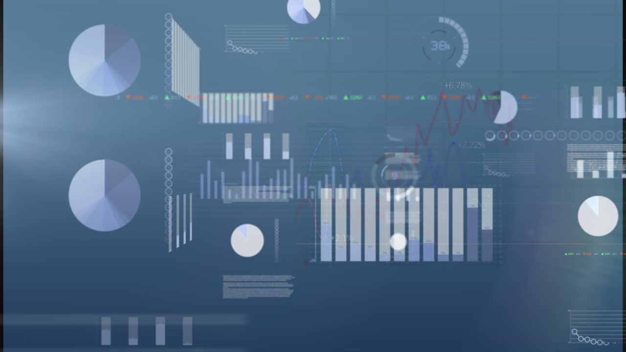 Animation of screens with statistical data processing against light spot on blue background