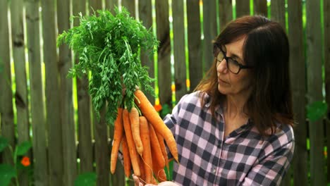 mujer madura sosteniendo una zanahoria vegetal 4k