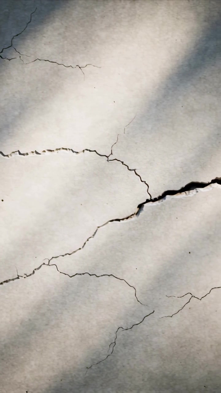 Vertical video: Panning camera revealing concrete slab widening fissure on patio, hairline cracks