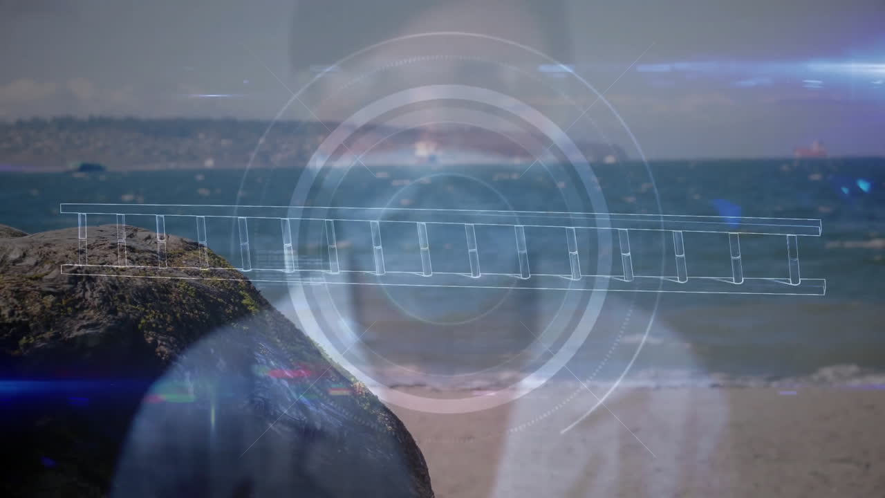 Futuristic digital interface animation over beach scene with ocean and rocks
