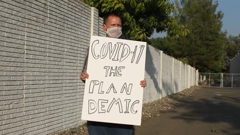 anti covid protester with mesh mask - plan demic tracking shot