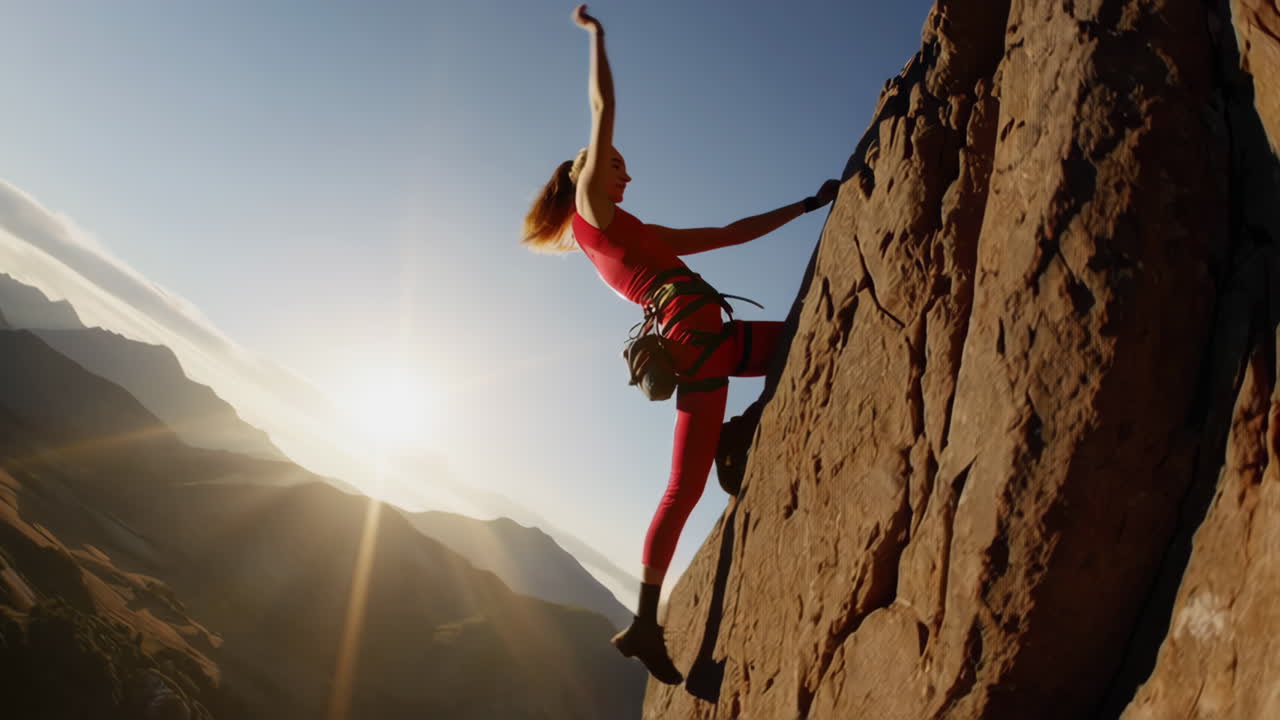 Woman Rock Climbing on a Sunny Mountain Face