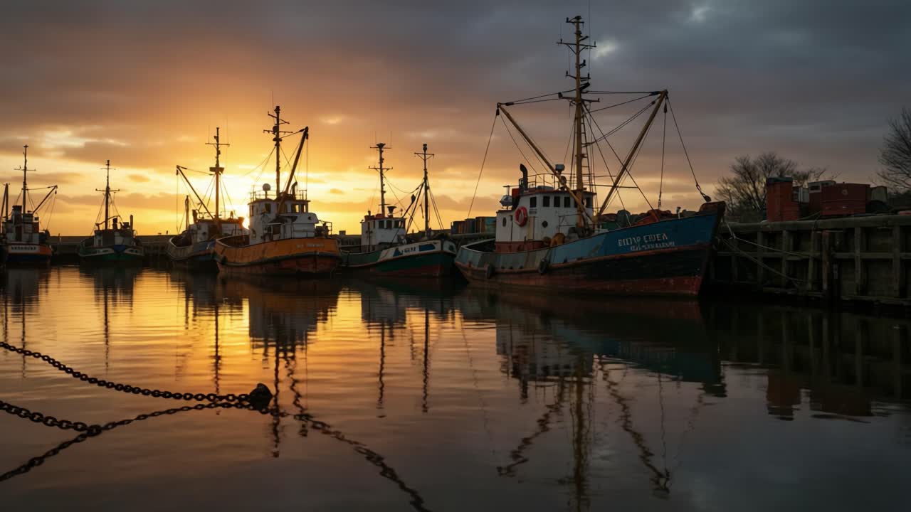 A serene sunset view showcasing vibrant colors reflecting off calm waters, with boats anchored peacefully along the shoreline, creating a picturesque harbor scene